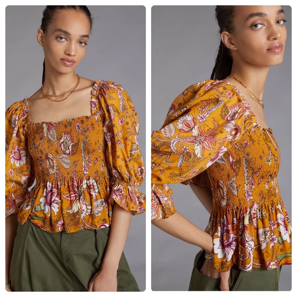 Anthropologie smocked Sweetheart Blouse Yellow Motif (consistently Apply) - Picture 12 of 15